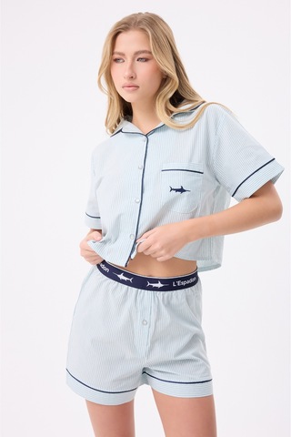 Lespadon Marısılk Seastrıpe Kadın Yazlık Şortlu Crop Gömlekli Pijama & Lounge Takımı-3174 Yesil