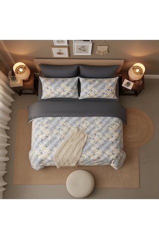 Mystory Home Lastikli Çarşaflı Çift Kişilik Nevresim Takımı Kırkyama Füme Füme