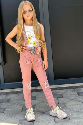 Riccotarz Kız Çocuk Kare Yaka Kolsuz Çiçek Baskılı T-shirt Yırtmaç Detaylı Gül Kurusu Jean Salopet Takım Gül Kurusu