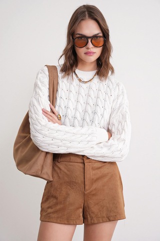 6863 Kadın Saç Örgülü Crop Triko Kazak Kemik Kemik