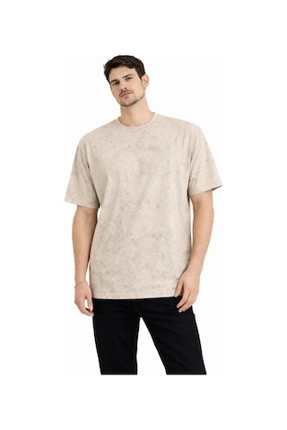 Efnaz Style Erkek Asit Yıkama Bisiklet Yaka Kısa Kollu Oversize T-shirt Tişört - Bej
