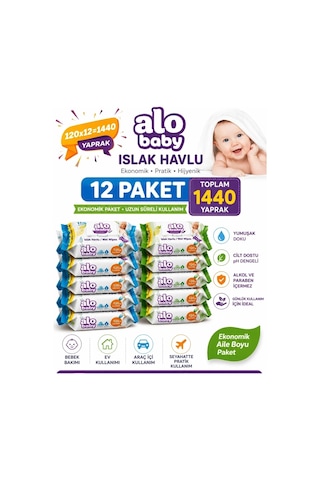 Alo Baby Ekopack Islak Havlu 120'li x 12 Paket Toplam 1440 Yaprak 12'li Set