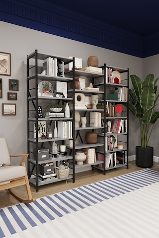 Asra Trend 6 Raflı Metal Kitaplık METALK03 %100 MDF Üç Modüllü Geniş Kütüphane Kül Gri