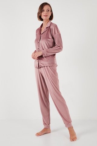 Lela  Regular Fit Parlak Kadife Ribanalı Bayan Pijama Takımı 6097110 Pudra