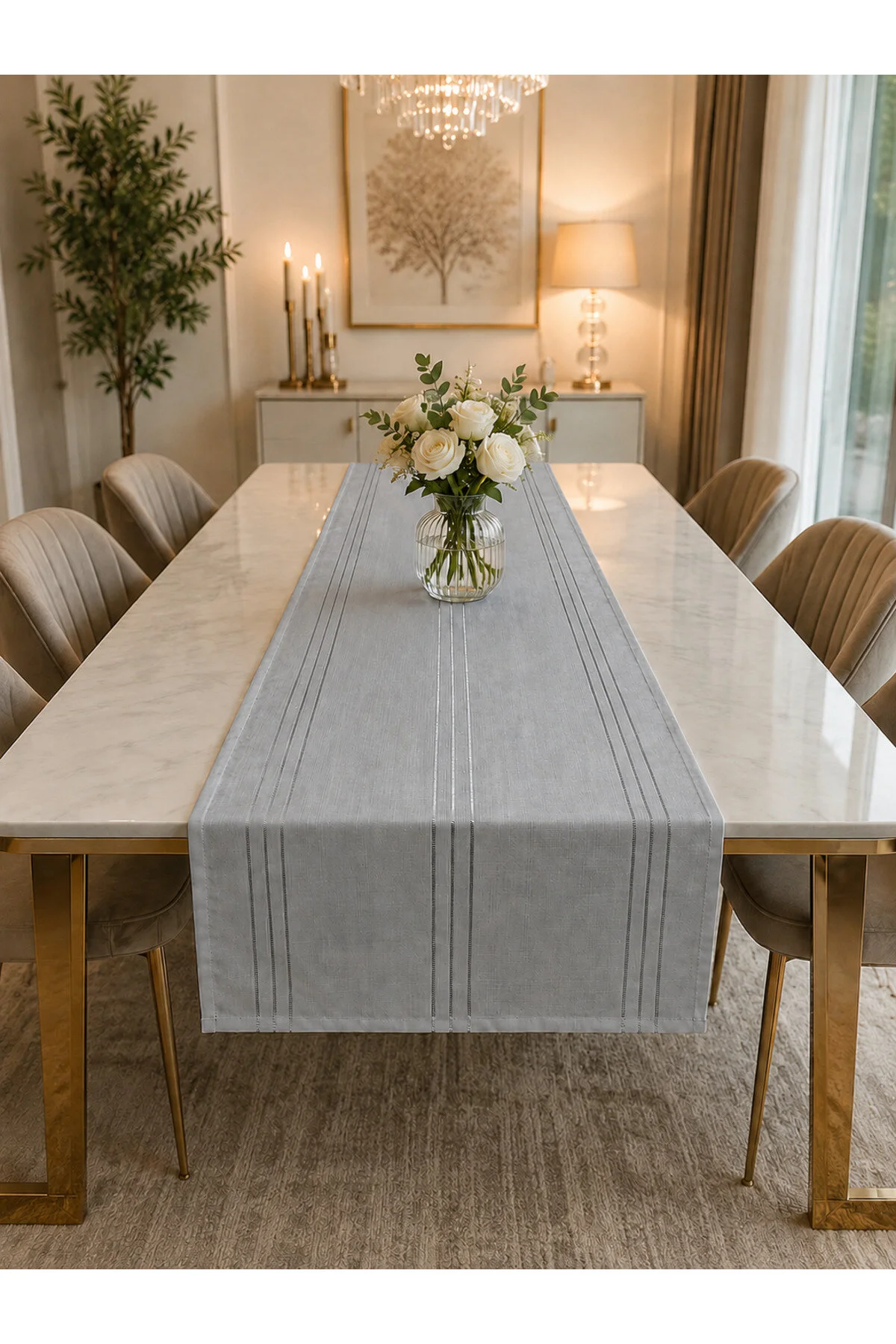 %100 Polyester Dertsiz Leke Tutmaz Şerit Desenli Runner Masa Örtüsü 53x200 Cm Gri