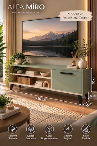 Solenne Modern Tv Ünitesi - Kum Beji - Su Yeşili - 120 Cm
