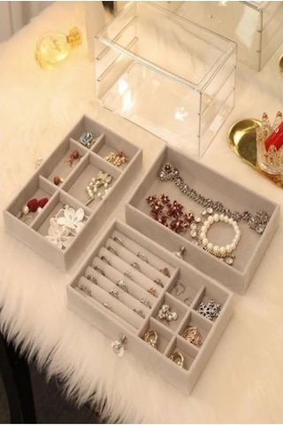 Piev House By House Çekmeceli Aynalı Ve Üç Katlı Çekmeceli Takı Kozmetik Organizer İkili Set Krem