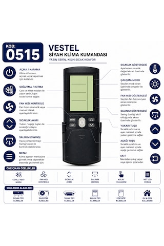 Vestel 0515 Siyah Lcd Ekranlı Klima Kumandası