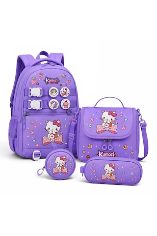 Hello Kitty Baskılı Özel Tasarım Ortopedik Su Geçirmez Cüzdanlı Okul Çantası Termal Beslenme Ve Kalemlik Seti Mor