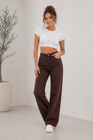 Woddi Nova Kadın Yüksek Bel Kaahverengi Salaş Jeans Wide Leg Geniş Paça Palazzo Kot Pantolon Kahverengi