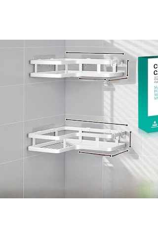 Springsun Banyo Köşe Dolabı, Duvar Üstü Montajsız, İki Katlı Beyaz Organize Rafı - Banyo, Mutfak, Balkon İçin Suya Dayanıklı Depolama Diğer