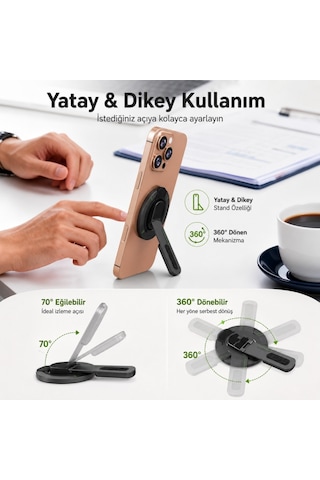 Polham 3in1 Manyetik Telefon Tutucu 360 Döner Parmak Yüzük Ve Ayarlanabilir Telefon Standı, Ful Metal Stand Siyah