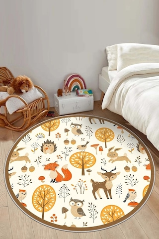 West Home Makinede Yıkanabilir Kaymaz Taban Leke Tutmaz Yuvarlak Çocuk Halısı Oyun Matı Wh 555 Sand Yuvarlak