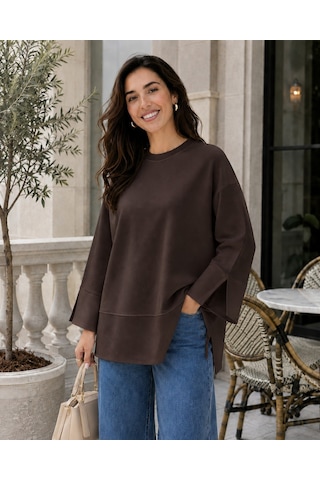 Unika Boutique Kadın Oversize Yırtmaçlı Uzun Kollu Salaş Bluz kahverengi
