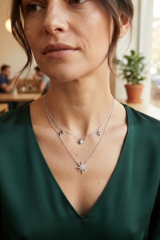 Pirinç Gümüş Renk Zirkon Taşlı Kutup Yıldızı Model 2'li Kadın Kolye Renkli