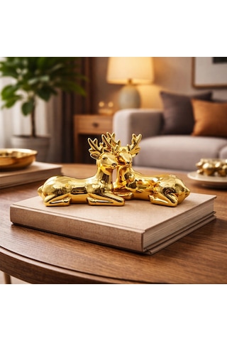 Biblo Modern Dekoratif Lüks Hediye Gold Küçük Boy Geyik Tasarımlı Süs Parlak Altın Seramik Biblo