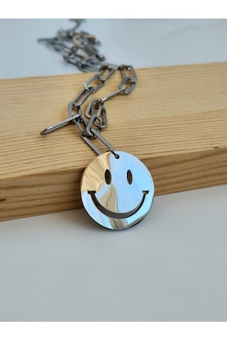 Eva Takı Çelik Gülen Smile Emoji Model Uzun Kolye Gümüş