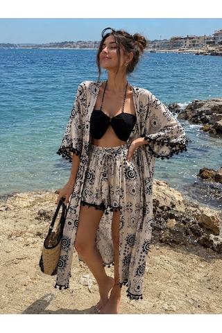 Na Addesıgn Bohem Moon 4 Lü Plaj Takımı Oversize Kimono Şort Büstiyer Bandana Set Siyah Beyaz