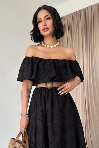 Etiler Collection Siyah Omzu Lastikli Brode Elbise Siyah
