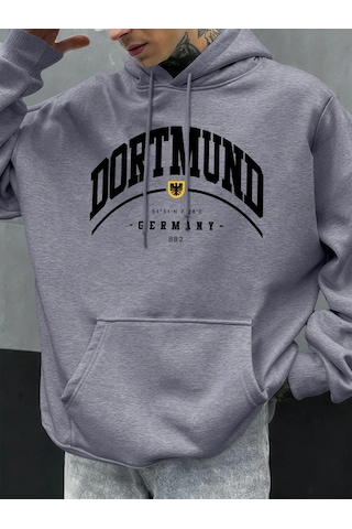 Tarzsokak Dortmund Almanya Mektup Desen Sonbahar Hoody Erkekler Rahat Büyük Boy Kapüşonlular Moda Polar Gri