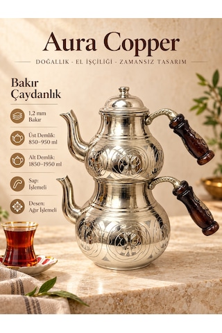 Aura Copper Ağır El İşlemeli Kalın Bakır Çaydanlık Takımı 1,2 Mm 27 Cm Gümüş Parlak/ac-cy-033
