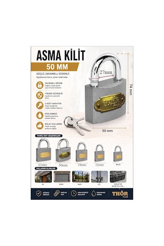 Orta Boy Asma Kilit 50 Mm 1 Adet Thor Plus Paslanmaz Metal Asma Kilit Dayanıklı Yedek Anahtarlı Zincir Kilidi Kapı Bahçe