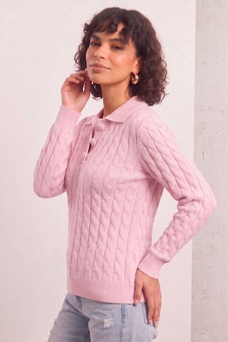 Soft&basic Kadın Düğmeli Triko Kazak Yumuşak Dokulu Saç Örgü Rahat Kalıp Pembe