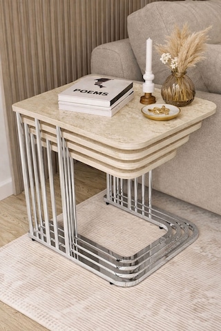Başaran Concept Traverten Metal Krom Tekerlekli Traverten 4 Lü Zigon Sehpa