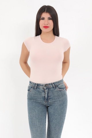 Giysa Kadın Pudra Bisiklet Yaka Kısa Kollu Esnek Çıtçıtlı Body Zıbın - 2419 Pudra