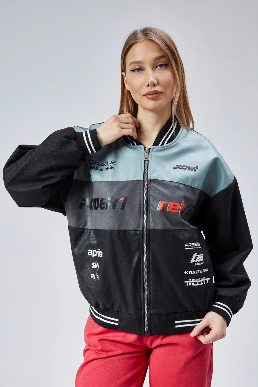 Kadın Oversize Baskılı Motorcu Yarışçı Montu Kolej Ceketi Mint Yeşili