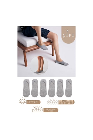 Kral Socks Unisex Düz Desenli 6 Çift Pamuklu Terletmez Babet Çorap Gri