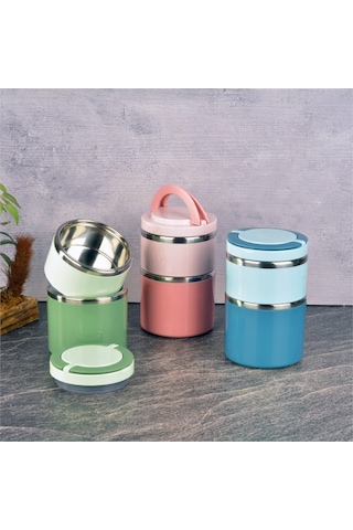 Tohana Kulplu Çelik Sefer Tası - Yemek Termosu Saklama Kabı 2 Katlı Yeşil 930 Ml. Yeşil