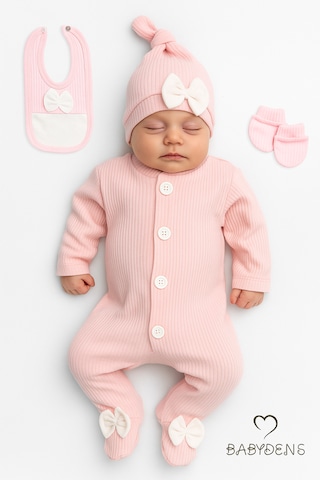 Babyden's 4 'lü Kız Bebek Fitilli Yenidoğan Bebek Tulum Seti %100 Pamuklu Hastane Çıkışı Açık Pembe