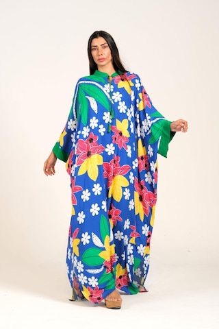 Kadın Mavi Çiçekli Sıfır Yaka Yarasa Kollu Oversize Uzun Elbise - Mavi
