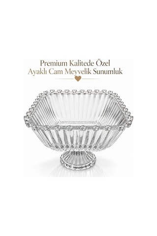 Premium Kalp Detaylı Ayaklı Cam Meyvelik 19,5 Cm Dekoratif Sunumluk Salata Kuruyemiş Çerez Servis Kasesi