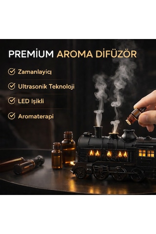 Premium Tren Tasarımlı Ultrasonik Aroma Difüzör Led Işıklı, Zamanlayıcılı, Hava Nemlendirici