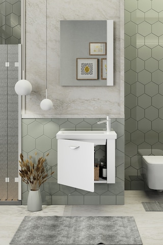 Biani Maxila 60 cm Banyo Dolabı,Seramik Lavabolu, Aynalı,Lavabo Dahil,Mdf,Beyaz