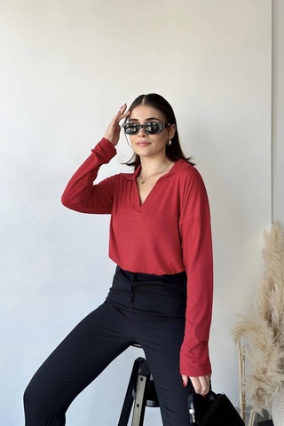 Kadın Kırmızı Polo Yaka Basic Bluz, Uzun Kol, Regular Kesim, Günlük Ve Spor Sweatshirt Kırmızı