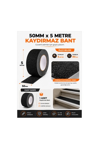50mm X 5 Metre Siyah Kaydırmaz Bant Güçlü Yapışkanlı Merdiven, Rampa Ve Islak Zemin Güvenlik Bandı