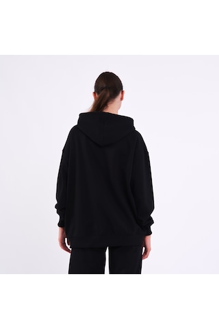 Mmetalic Kadın Siyah Normal Kalıp Basic Beli Lastikli Kapüşonlu Oversize Mevsimlik Alt Üst Eşofman Takımı