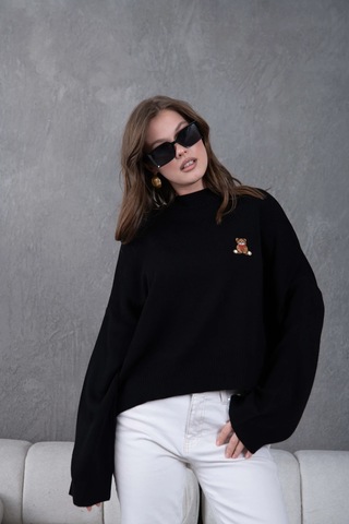 Park Karon Kadın Siyah Dik Yaka Oversize Nakışlı Triko Kazak 224301 Siyah