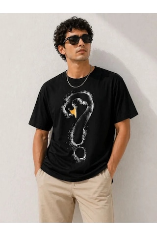 Veraura Lifestyle Erkek Kuğu Figürlü Soru İşareti Baskılı Tişört Kısa Kol T-shirt - Siyah