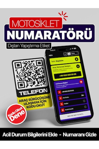 5'li Paket - Motosiklet Numaratörü - Dıştan Yapıştırma - Qr Kodlu Numaratör Dikey Etiket Sarı - Siyah