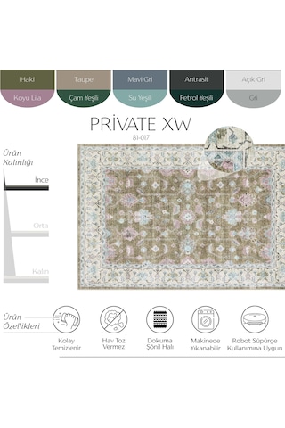 Cool Halı Private Xw Haki Yeşil Vintage Halı Eskitme Yıkanabilir Şönil Salon Oturma Odası Halısı