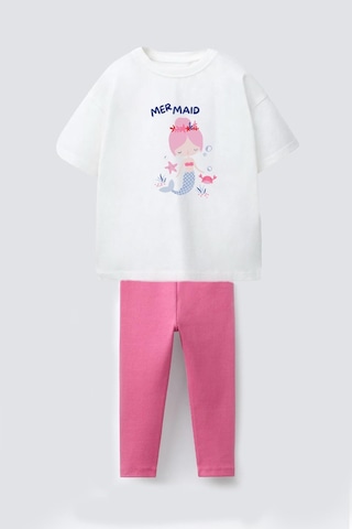 Monila Kız Çocuk Pamuklu Deniz Kızı Baskılı T-shirt Ve Pembe Fitilli Tayt 2'li Takım Ekru/pembe