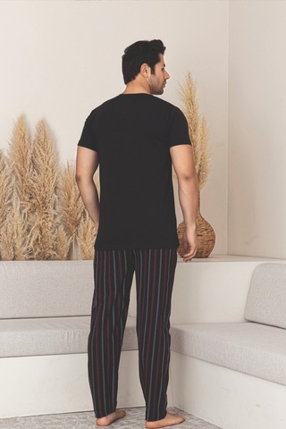 Dreamy Pamuklu Cepli Kısa Kollu Çizgili Erkek Pijama Takımı Siyah