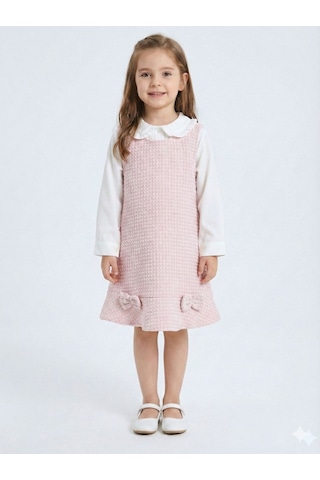 Xo Kids Bebe Yakalı Pudra Fiyonklu Tüvit Kız Çocuk 3lü Ceketli Elbise Takmı 2-7 Yaş 4421 Pembe