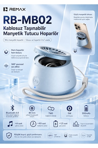 Remax Magsafe Magnetik 2'si 1 Aradatelefon Tutucu Şarjlı Mini Bluetooth Hoparlör 5w Rb-mb02 Mavi