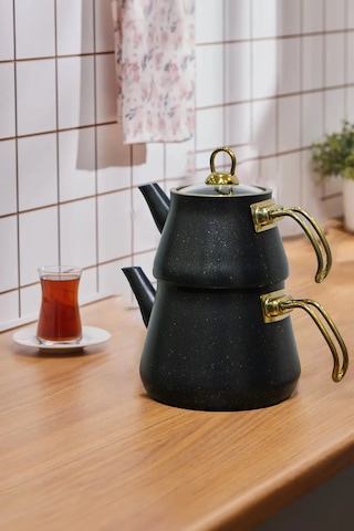 Yunusoğlu Home Siyah Granit Kaplama Cam Kapaklı Gold Kulplu Çayda Çelik