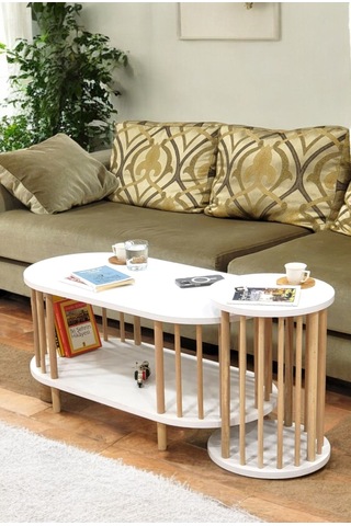 İkili Set Orta Sehpa Ahşap Ayaklı Sehpa İki Raflı Sehpa Dekoratif Sehpa Gazetelikli Beyaz - Beyaz